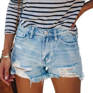 Light Blue Distressed High-Rise Denim Shorts for Women